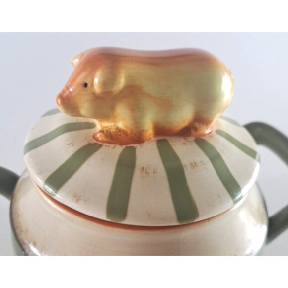 Nikko Pig Canister Jar Sugar Bowl 2 Handle Country Market Collection Green - Picture 2 of 7